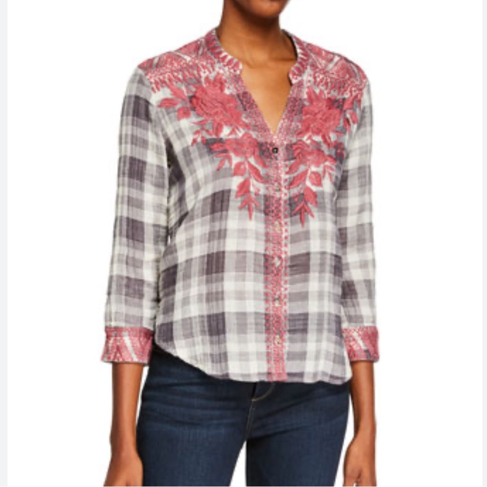 Johnny Was Josiane embroidered plaid top